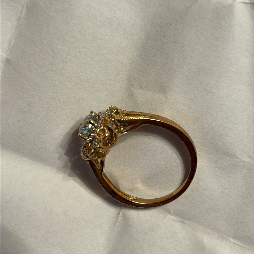 Oval Aquamarine 1/10 CT. T.W.Diamond Frame Vintage-Style Ornate Ring in 10K Gold - Picture 4 of 7